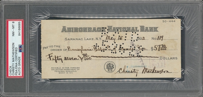 1922 Christy Mathewson Signed Adirondack National Bank Check Dated 5/18/1922 (PSA/DNA NM-MT 8)